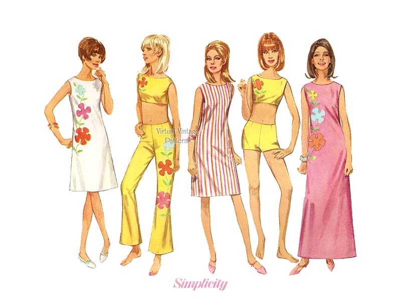 1960s Sewing Pattern, Simplicity 7017, Hip Hugger Bell Bottoms, Crop Top, Shorts & Dress, Uncut