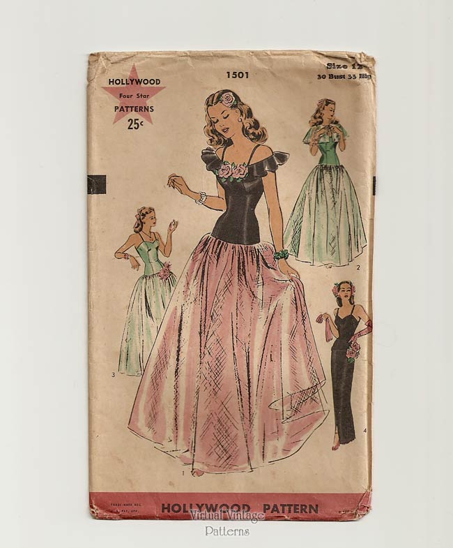 1940s Ball Gown or Evening Dress Pattern, Hollywood 1501, Vintage Sewing Patterns