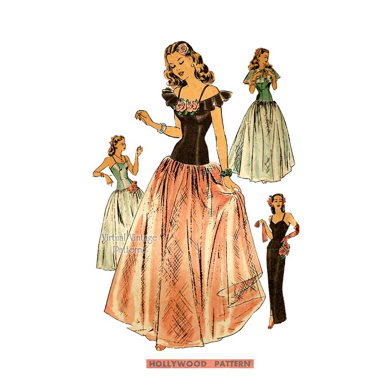 1940s Ball Gown or Evening Dress Pattern, Hollywood 1501, Vintage Sewing Patterns