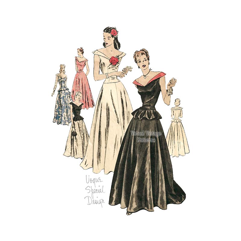 1940s Evening Gown Pattern, Vogue Special Design S-4601, Low Neck Peplum Top, Drop Waist Dress