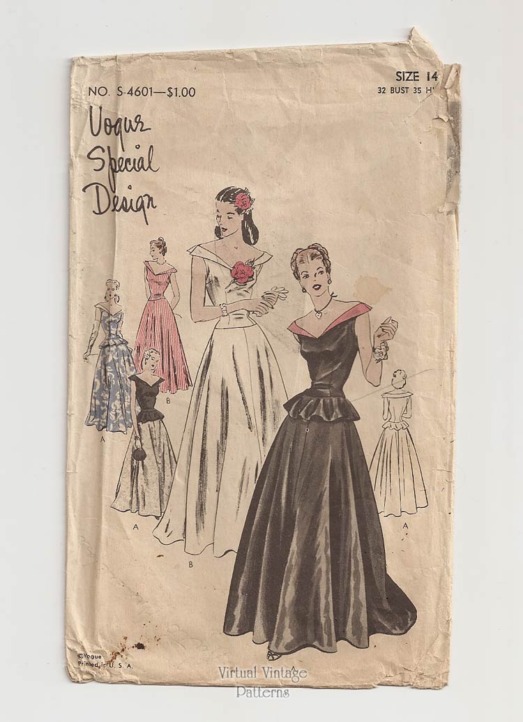 1940s Evening Gown Pattern, Vogue Special Design S-4601, Low Neck Peplum Top, Drop Waist Dress