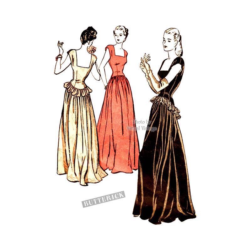 1940s Easy Wedding Dress Pattern, Butterick 3836, Square Neck Ball Gown Pattern