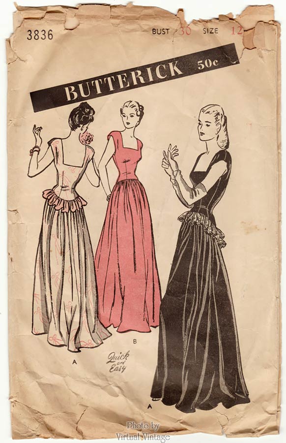 1940s Easy Wedding Dress Pattern, Butterick 3836, Square Neck Ball Gown Pattern