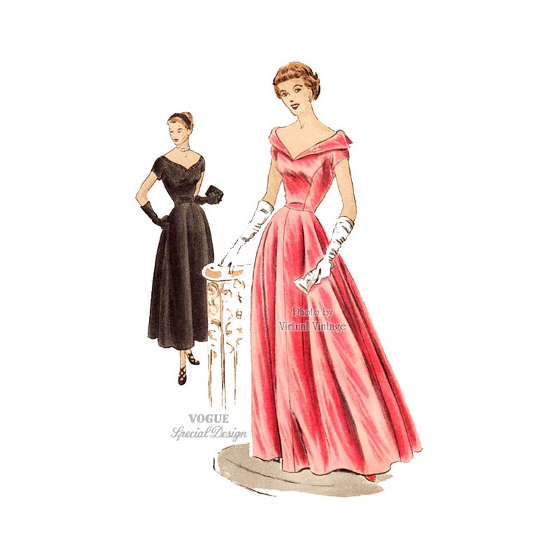 Portrait Collar Dress Pattern, 1940s Vogue Special Design S-4042 Evening Gown Pattern, Unused