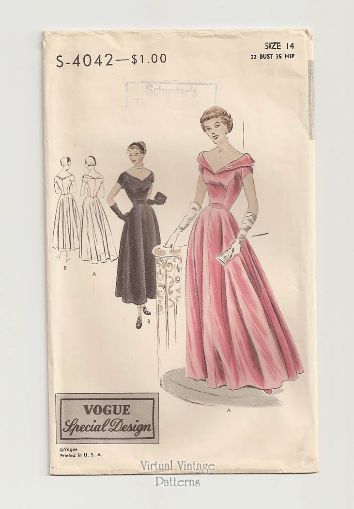 Portrait Collar Dress Pattern, 1940s Vogue Special Design S-4042 Evening Gown Pattern, Unused