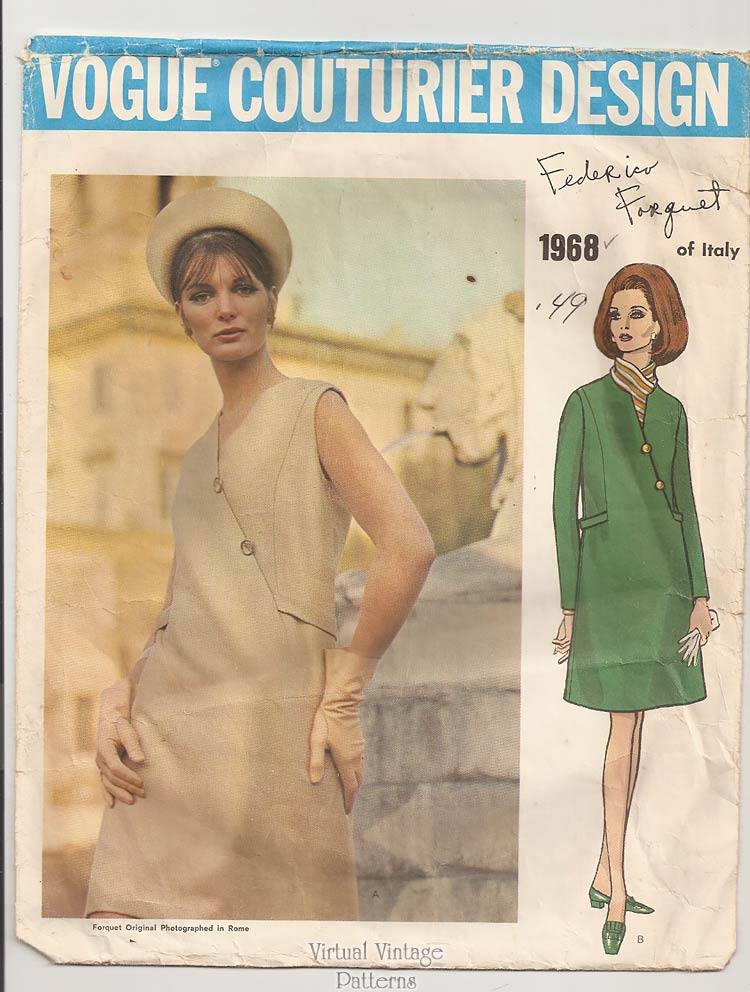 1960s Asymmetrical Dress Pattern, Vogue Couturier 1968 by Federico Forquet, Bust 36