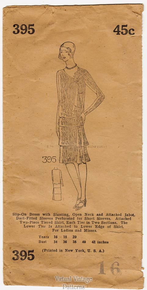20s Flapper Dress Pattern, Mail Order 395, Vintage Sewing Pattern, Bust 34