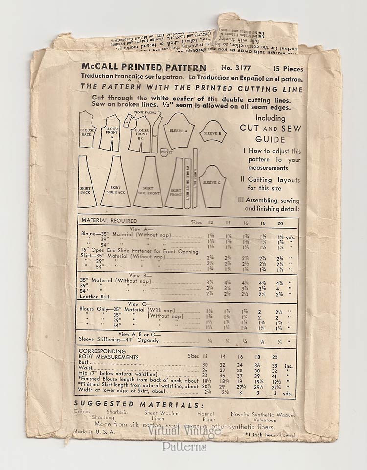 McCall 3177, 1930s Day Dress Pattern, Bust 34