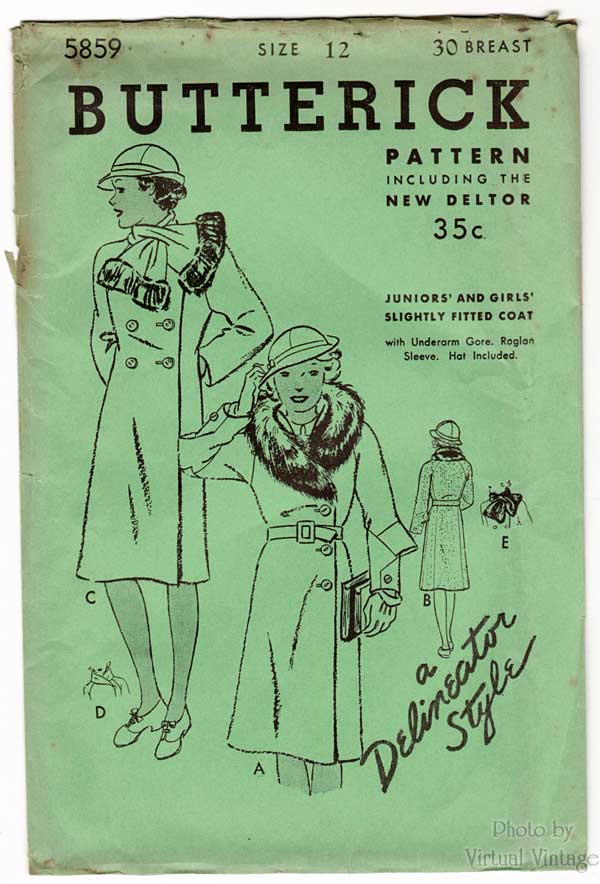 1930s Cloche Hat & Coat Pattern, Butterick 5859, 30s Vintage Sewing Patterns