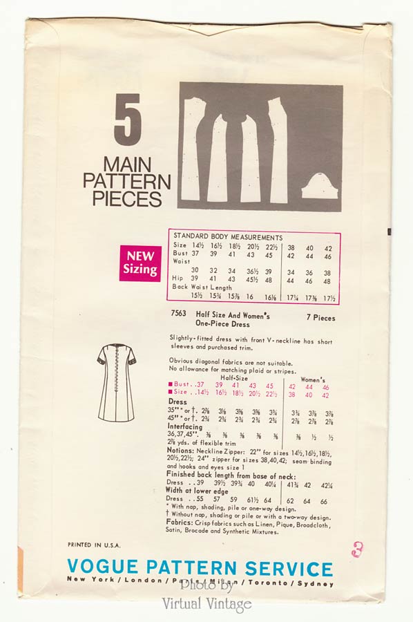 V-Neck A-Line Dress Pattern, Very Easy Very Vogue 7563, Bust 37, Uncut