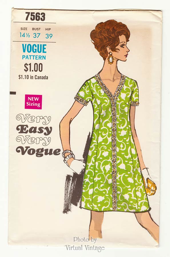 V-Neck A-Line Dress Pattern, Very Easy Very Vogue 7563, Bust 37, Uncut