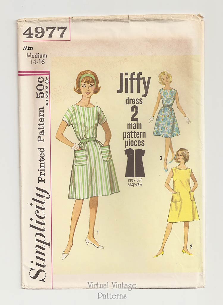 Vintage A Line Dress Pattern, Simplicity 4977, Easy Sewing Shift Dress, Uncut, Bust 34 to 36