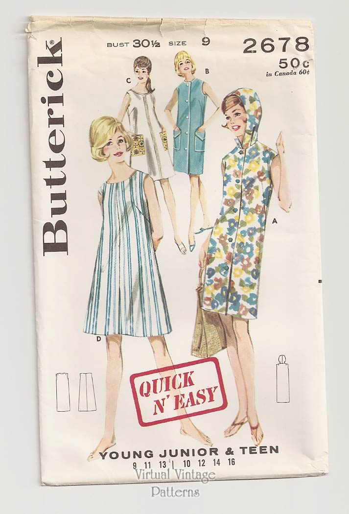 Hooded Beach Dress Pattern, Butterick 2678, Girls A Line Shift Dress, Bust 30, Uncut