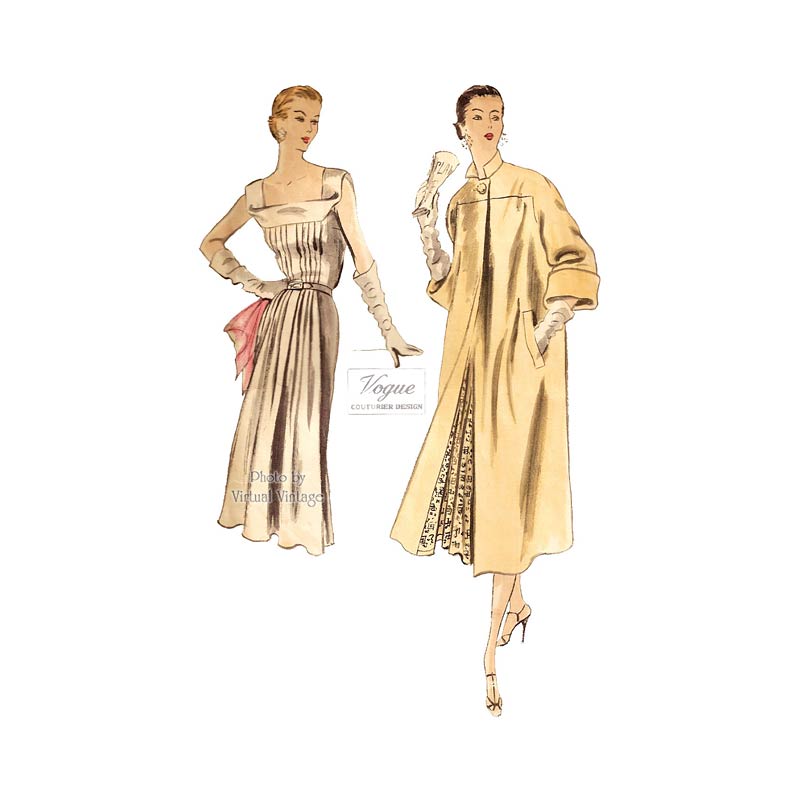 1950s Vogue Couturier Pattern 720, Coat and Sleeveless Dress Vintage Sewing Patterns