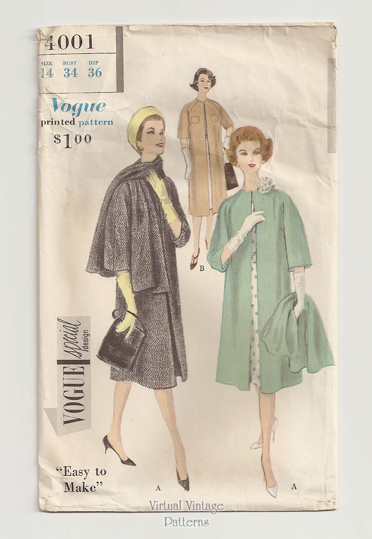 1950s Coat Pattern, Vogue Special Design 4001, Vintage Sewing Patterns, Bust 34