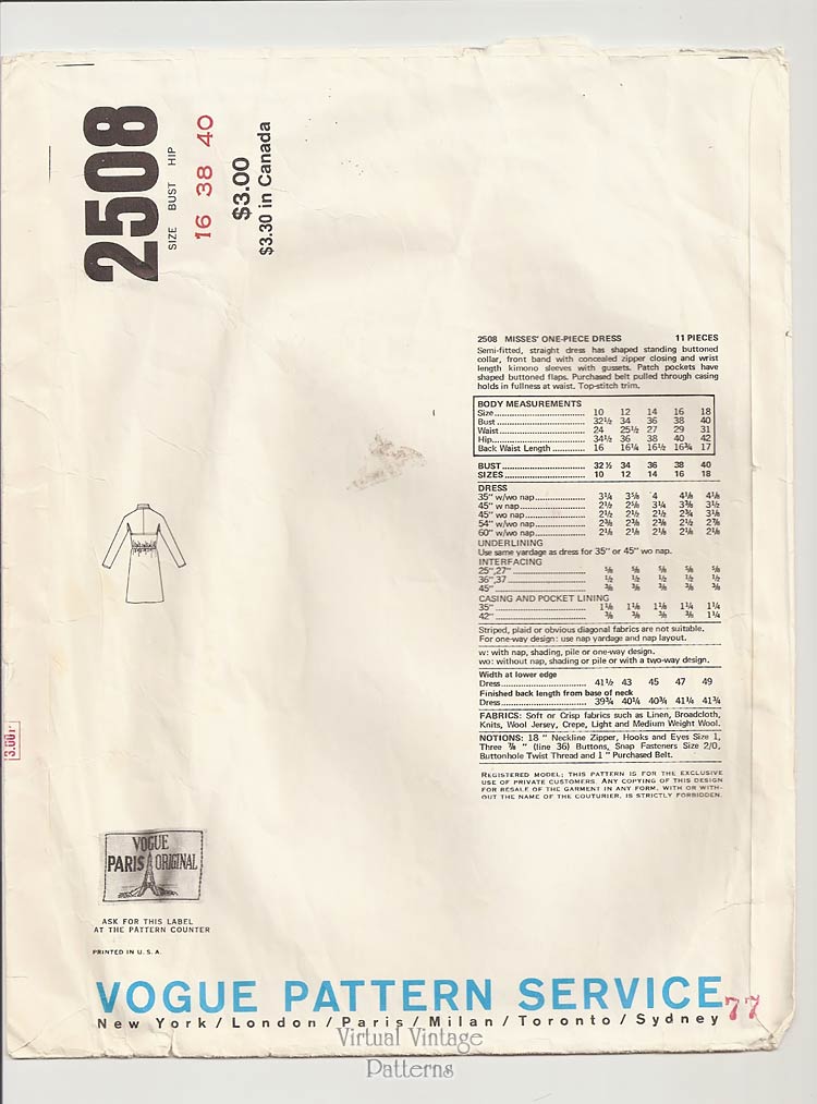 70s Vogue Paris Original 2508, Nina Ricci Dress Sewing Pattern, Bust 38