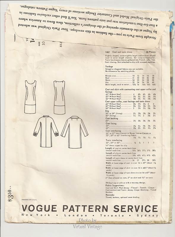 1960s Tunic Dress Pattern & Coat, Vogue Paris Original 1462 by Jacques Heim