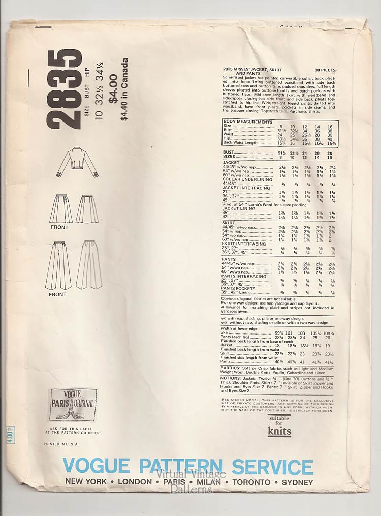 70s Vogue Paris Original 2835, Nina Ricci Jacket, Pants & Pleated Skirt Patterns