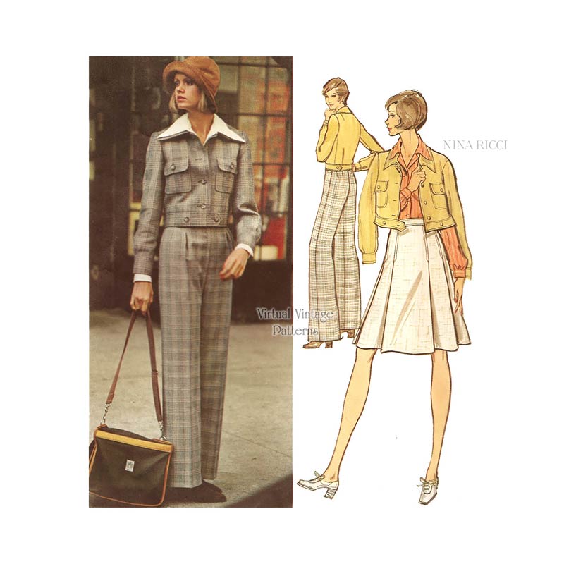 70s Vogue Paris Original 2835, Nina Ricci Jacket, Pants & Pleated Skirt Patterns