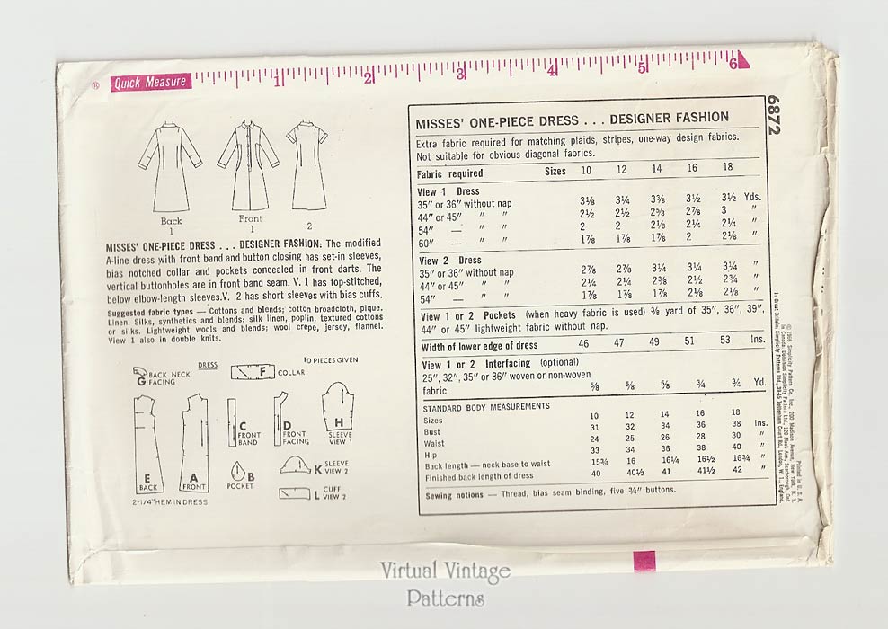 Simplicity 6872, 1960s A Line Coat Dress Pattern, Bust 34, Uncut