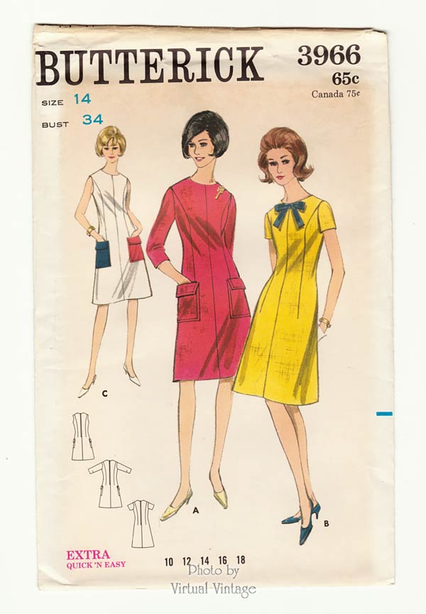 60s Easy A Line Dress Pattern Butterick 3966, Vintage Dress Sewing Pattern Bust 34, Uncut