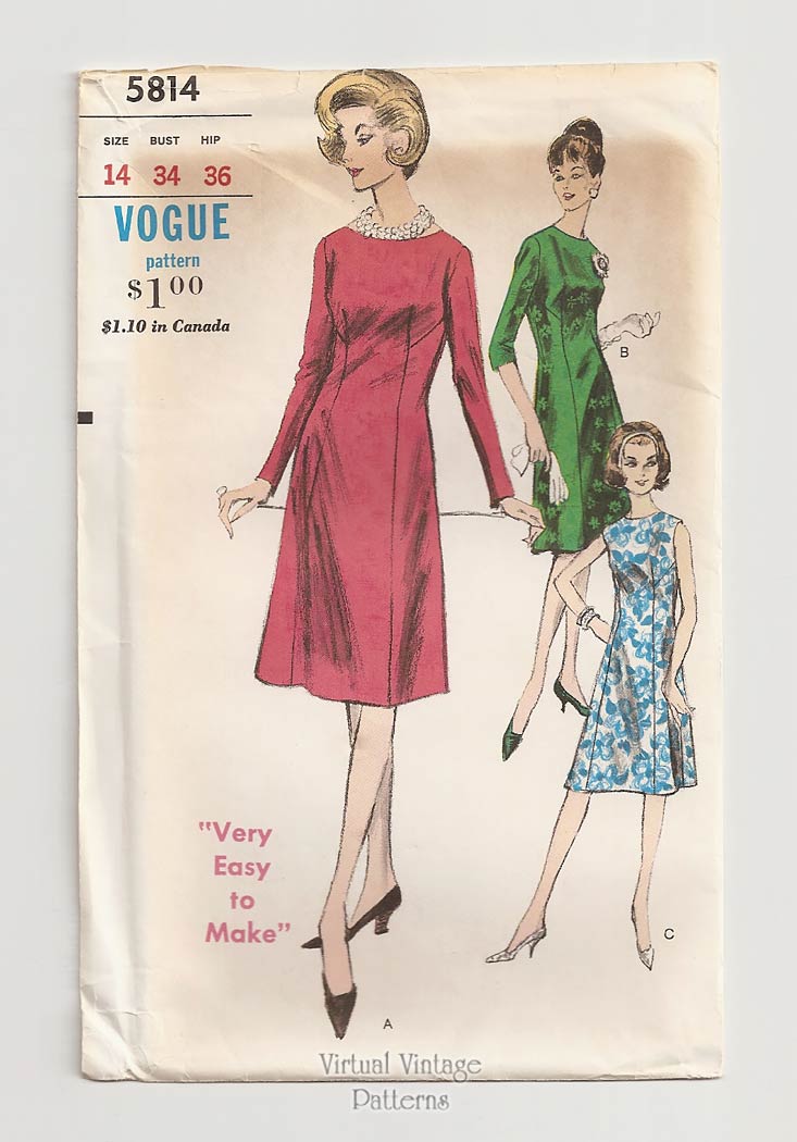 Vintage Cocktail Dress Pattern, Vogue 5814, Easy Sew A-Line Dress, Bust 34, Uncut