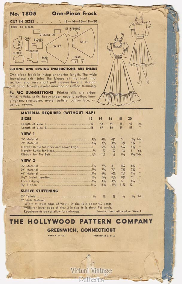 1930s Wedding Gown Pattern, Hollywood 1805, Vintage Dress Sewing Pattern