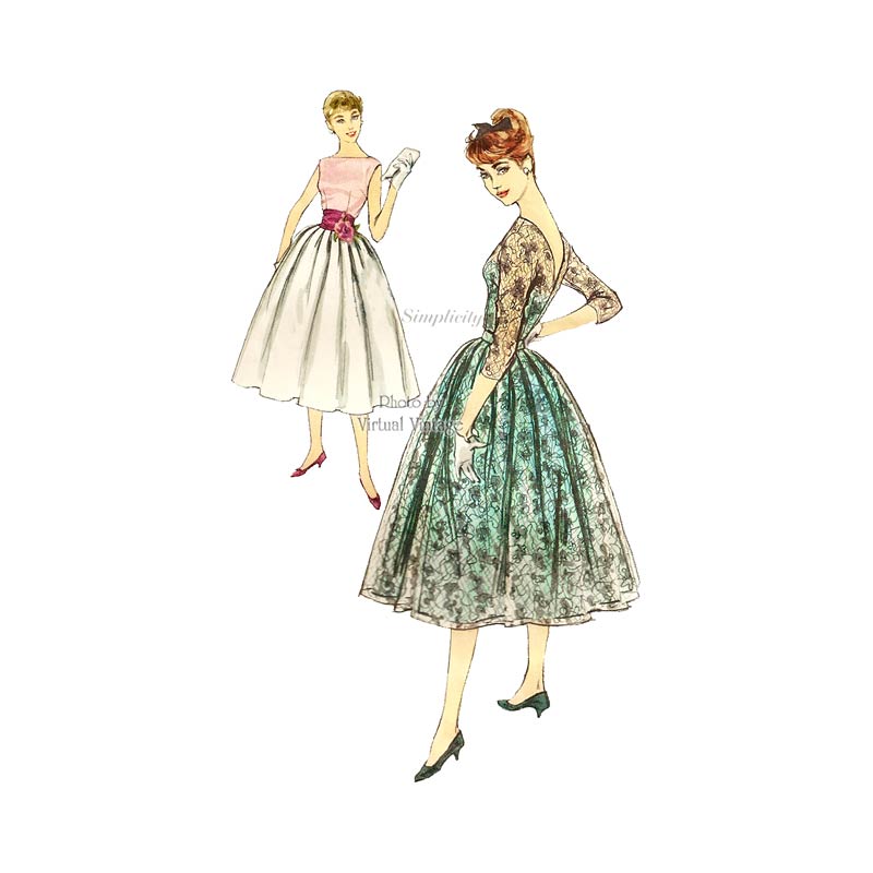 1950s Lace Dress Pattern, Simplicity 2297, V-Back Full Skirt Dress