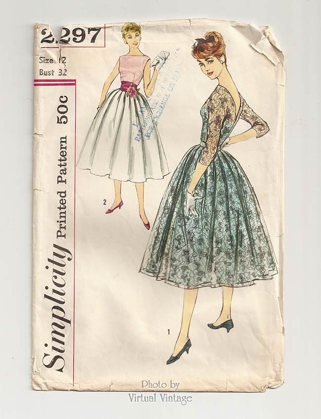 1950s Lace Dress Pattern, Simplicity 2297, V-Back Full Skirt Dress