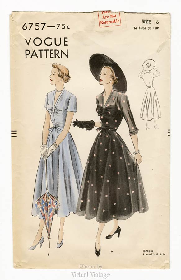 1940s Dress Pattern, Vogue 6757, Vintage Sewing Pattern, Bust 34