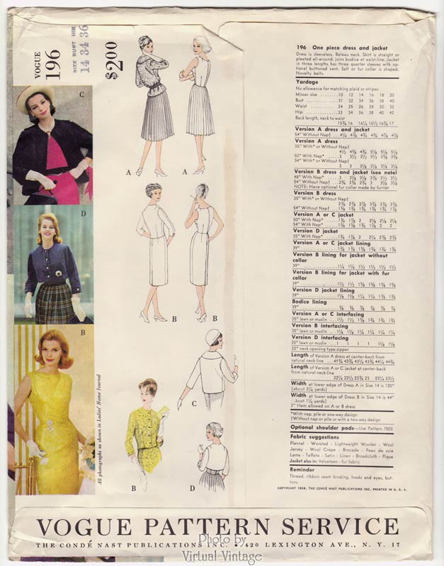 50s Jacket & Sleeveless Dress Pattern, Vogue Couturier 196, Vintage Sewing Patterns, Bust 34 Uncut
