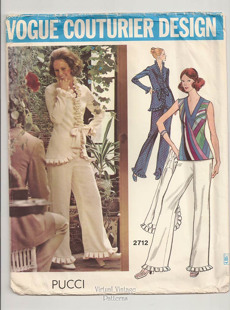 1970s Pantsuit Pattern, Pucci Vogue Couturier 2712, Blouse, Pants, Ruffle Jacket Patterns, Uncut