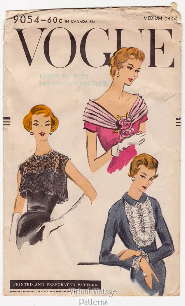 Vintage Vogue Sewing Pattern 9054, 50s Bolero, Fichu, Cuffs, & Jabot Patterns, Bust 34 to 36 Uncut