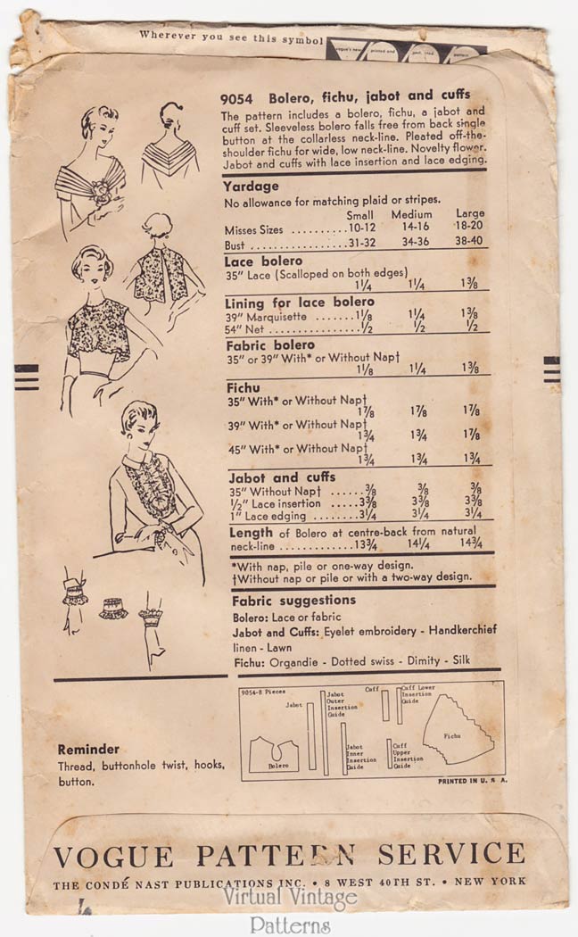 Vintage Vogue Sewing Pattern 9054, 50s Bolero, Fichu, Cuffs, & Jabot Patterns, Bust 34 to 36 Uncut