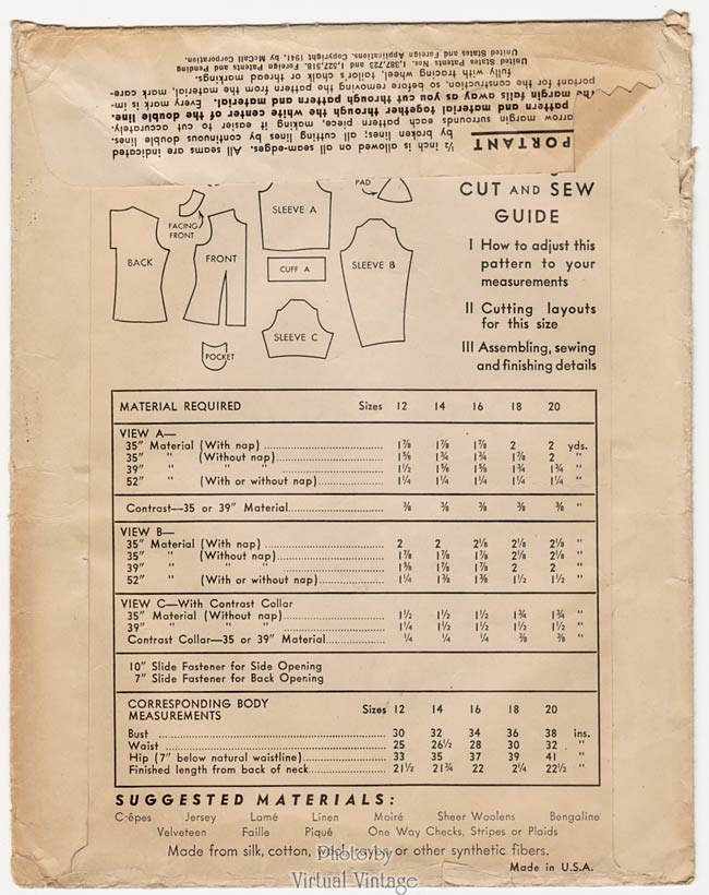 McCall 4452, 1940s Blouse Pattern, Bust 34 Vintage Sewing Pattern