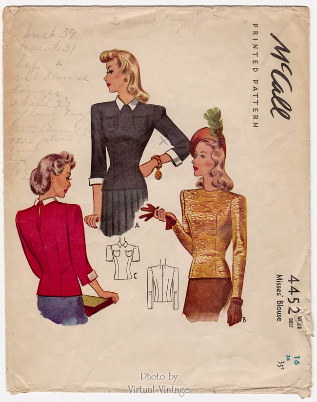 McCall 4452, 1940s Blouse Pattern, Bust 34 Vintage Sewing Pattern