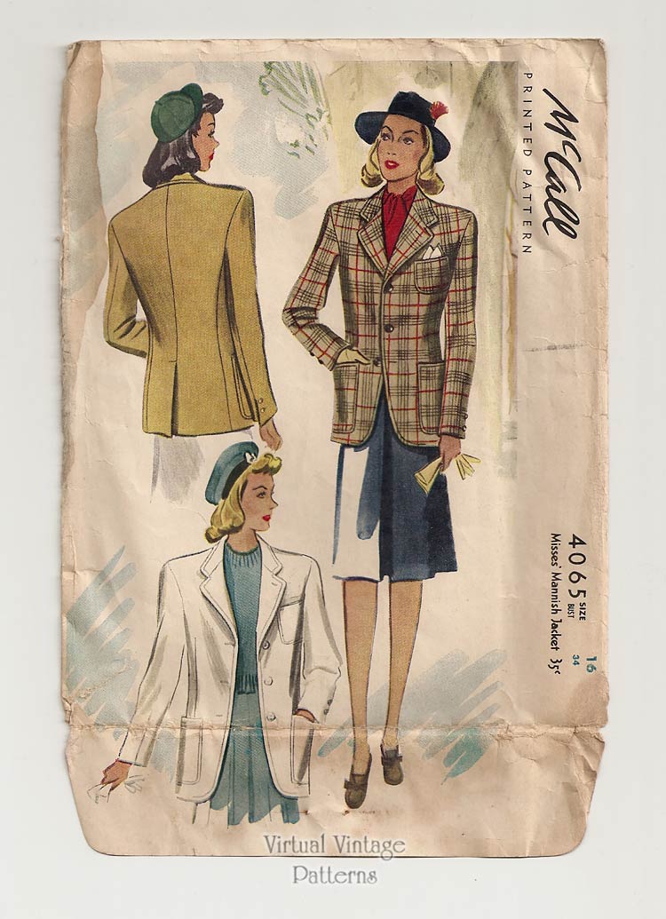 1940s Womens Suit Jacket Vintage Sewing Pattern, McCall 4065, Bust 34
