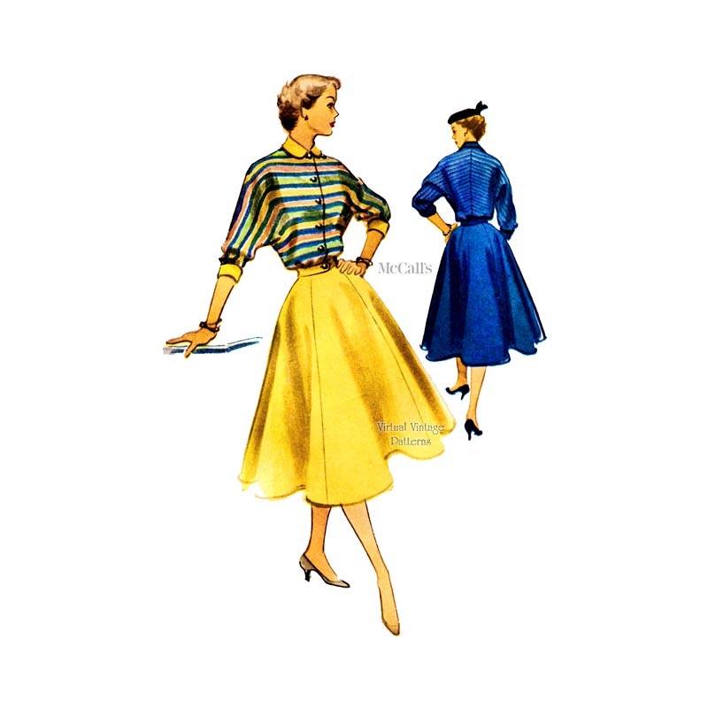 1950s Dolman Sleeve Dress Pattern, McCalls 9008, Full Skirt Dress, Uncut