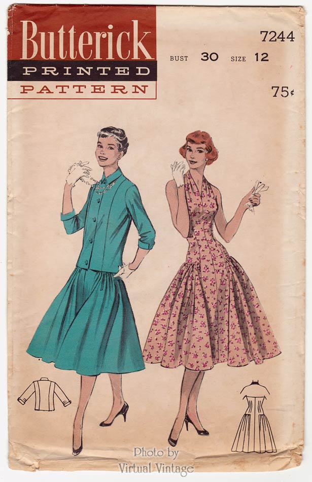 Vintage 50s Halter Dress Pattern, Butterick 7244, Jacket & Drop Waist Dress, Uncut