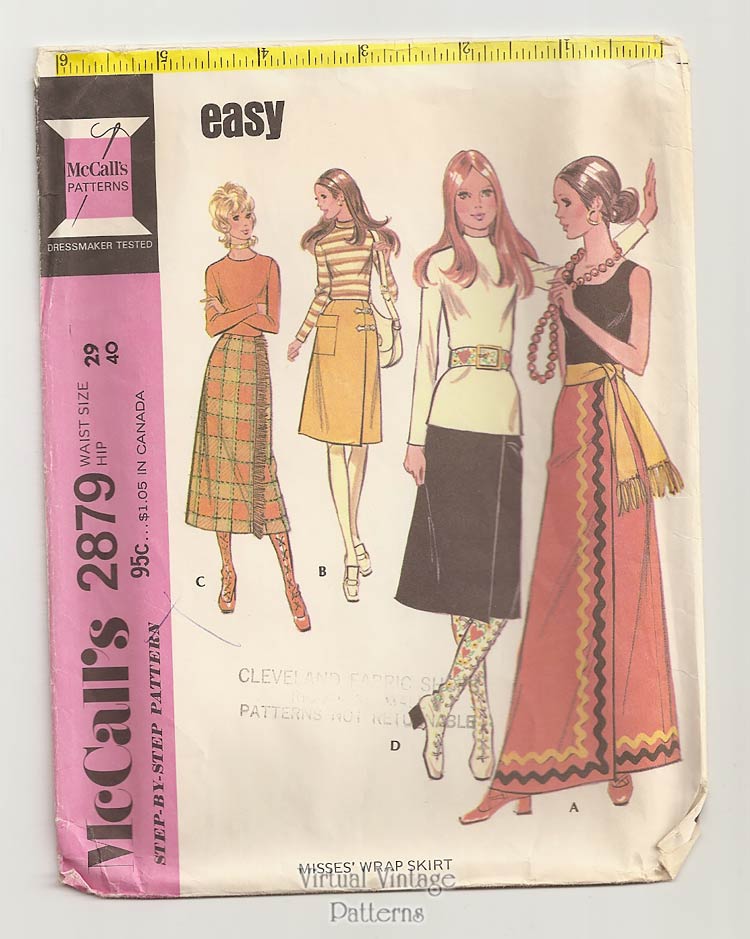 1970s Wrap Skirt Pattern, McCalls 2879, Easy to Sew, Waist 29, Hip 40