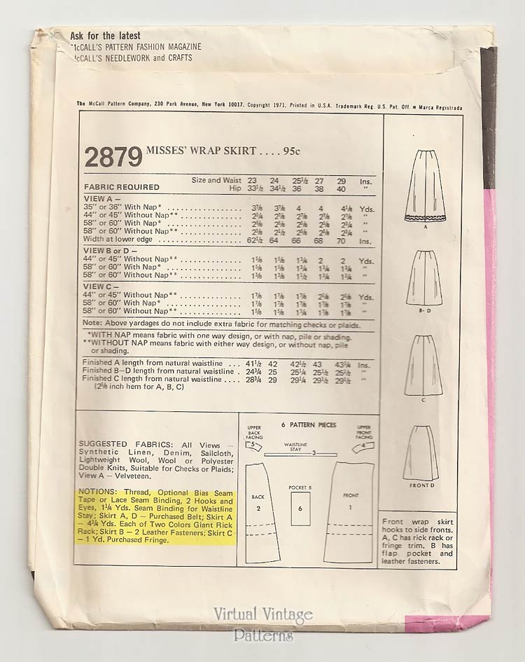 1970s Wrap Skirt Pattern, McCalls 2879, Easy to Sew, Waist 29, Hip 40