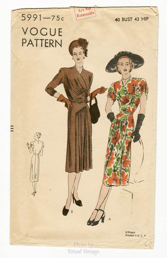 40s Vogue Dress Pattern 5991, Asymmetrical Dress with Draped Skirt, Bust 40