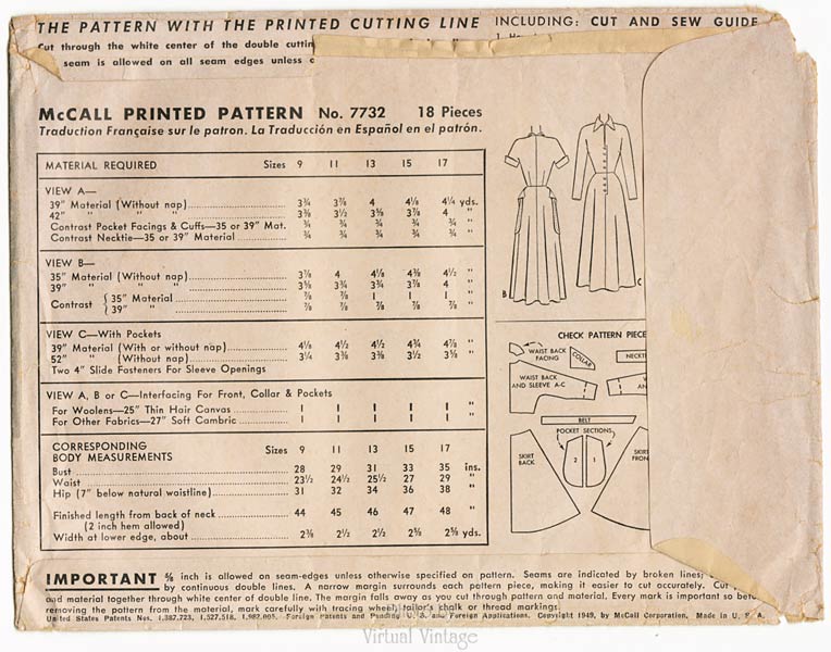 40s Shirt Dress Pattern, McCall 7732, Vintage Sewing Patterns