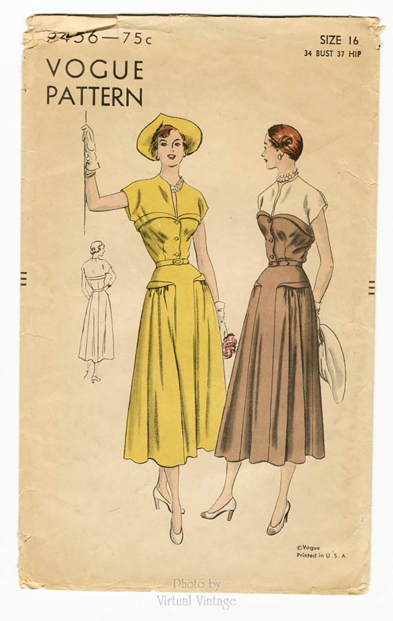 1940s Day Dress Pattern, Vogue 6456, Collarless Shirt Dress, Bust 34