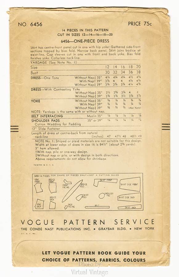 1940s Day Dress Pattern, Vogue 6456, Collarless Shirt Dress, Bust 34