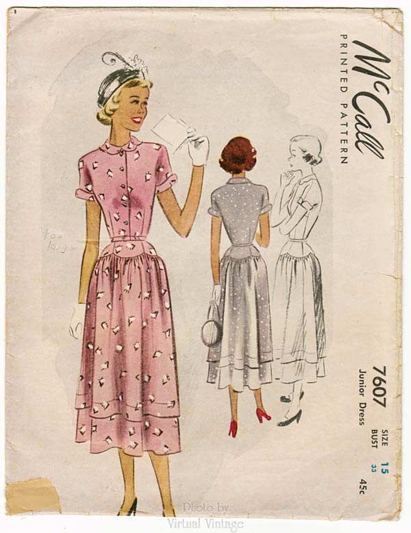 1940s Tea Dress Pattern, McCall 7607, Vintage Sewing Patterns, Bust 33
