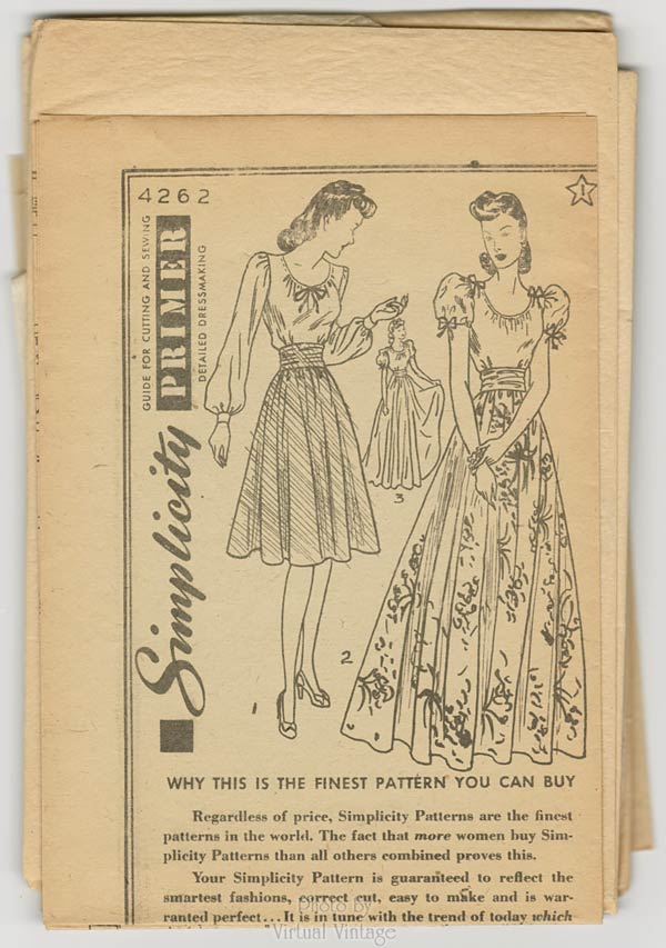 1940s Vintage Sewing Pattern, Simplicity 4262, Peasant Blouse and Full Skirt