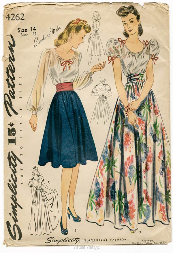 1940s Vintage Sewing Pattern, Simplicity 4262, Peasant Blouse and Full Skirt