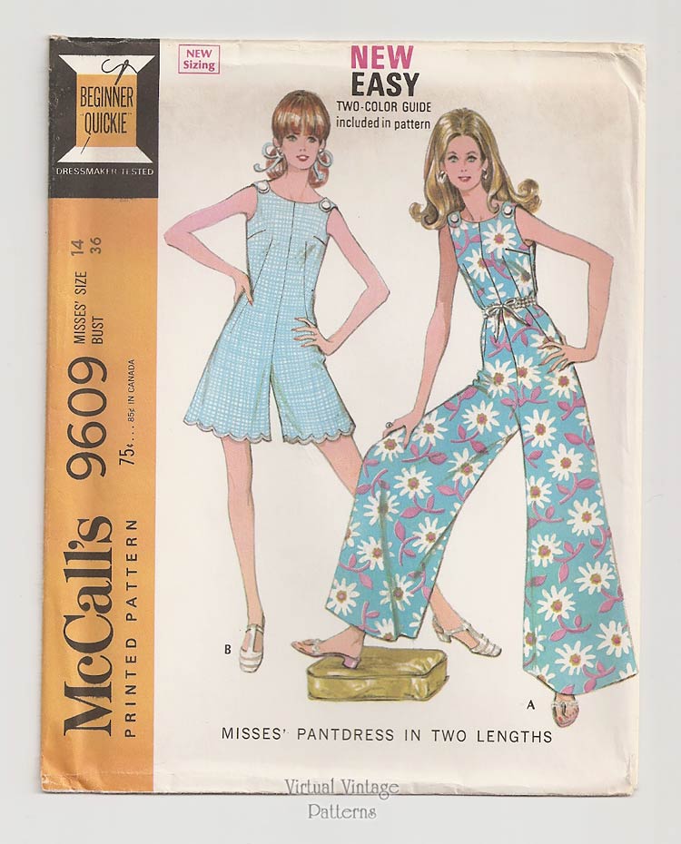 1960s Mod Jumpsuit Pattern, McCalls 9609, Sleeveless Pantdress, Bust 36, Uncut