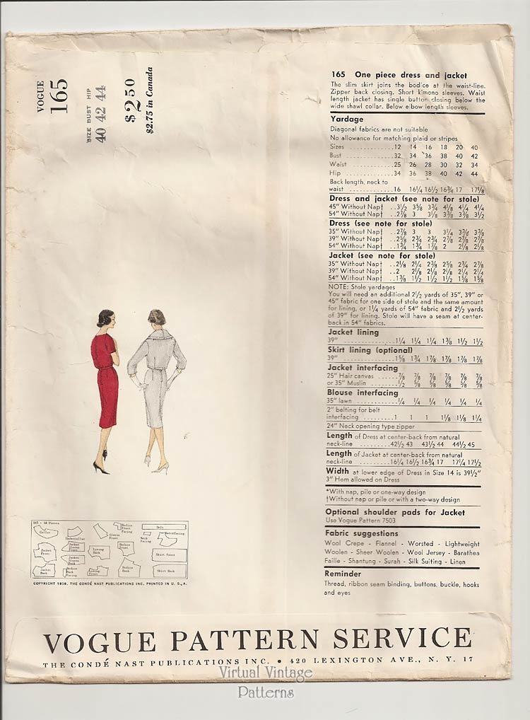 1950s Sheath Dress Pattern, Vogue Couturier 165, Stole, Jacket & Dress, Bust 42